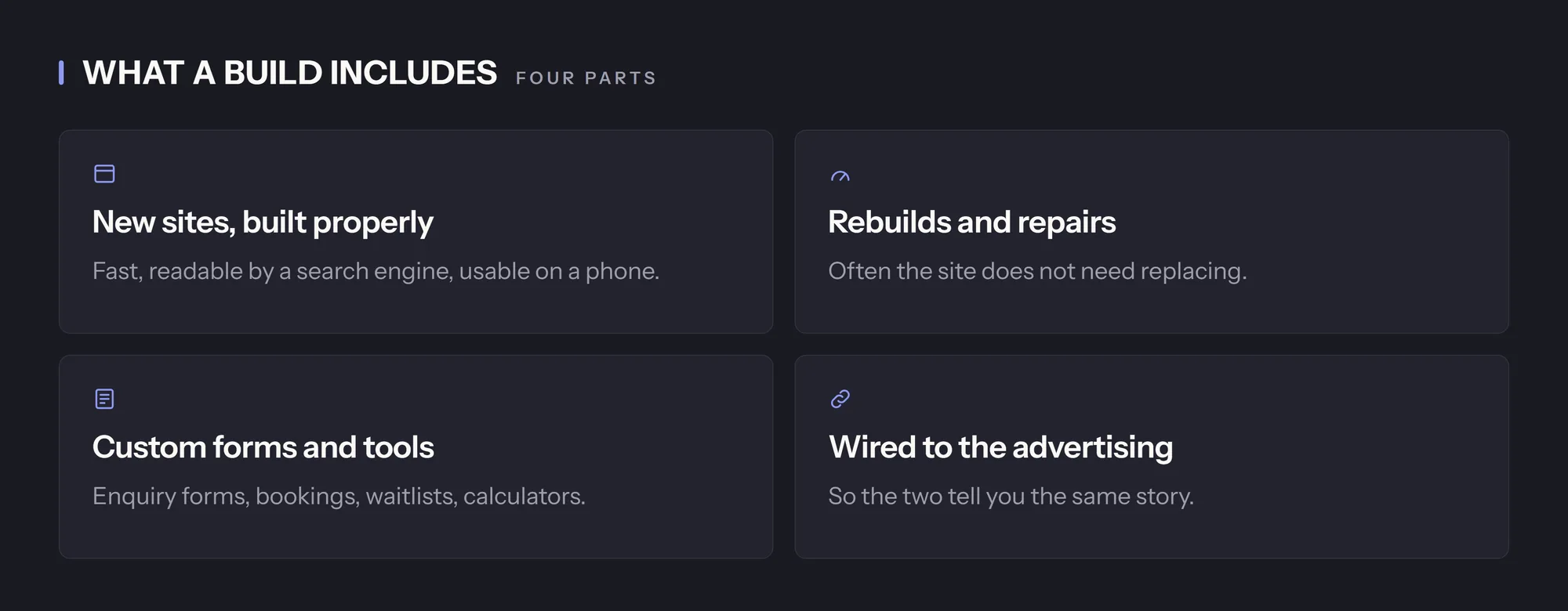 Four cards: new sites built properly, rebuilds and repairs, custom forms and tools, and wired to the advertising